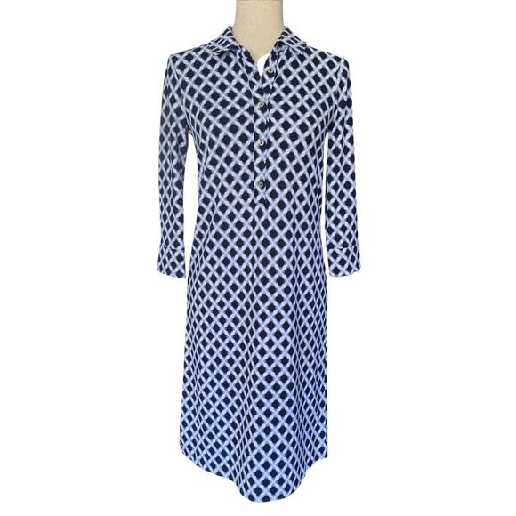 Talbots Dress Womens XS Blue White Geometric Print 3/4 Sleeve Collared Office - Picture 1 of 13